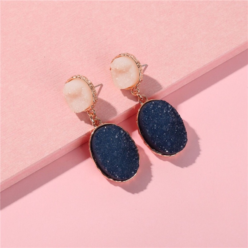 NWT Navy Blue Ivory Druzy Stone Statement Earrings